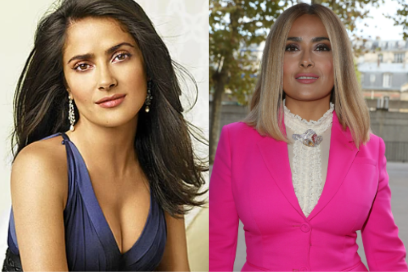 Salma Hayek, sötét tél, sötét és világos hajszínnel.