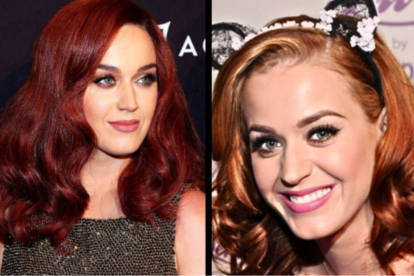 Katy Perry, tél típus, a számára is előnyös hideg vörös és az előnytelen, rezes árnyalattal.